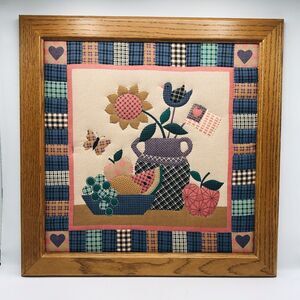 Handmade Patchwork Quilted Floral Wallhanging In Solid Oak Frame 19x19 Inches